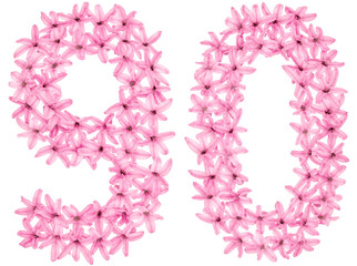 Numeral 90, ninety, from natural flowers of hyacinth, isolated on white background