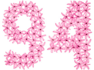 Numeral 94, ninety four, from natural flowers of hyacinth, isolated on white background
