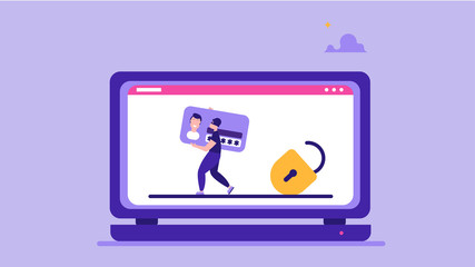 Concept of hacker attack, fraud investigation, internet phishing attack, evil win, personal privacy data, hacking and stealing email and money with tiny people. Vector illustration in flat design