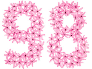 Numeral 98, ninety eight, from natural flowers of hyacinth, isolated on white background