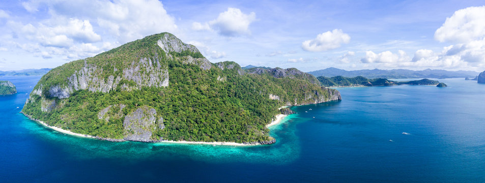 Aerial Drone Panorama Picture of Limestone Islands in El Nido, Palwan, Philippines