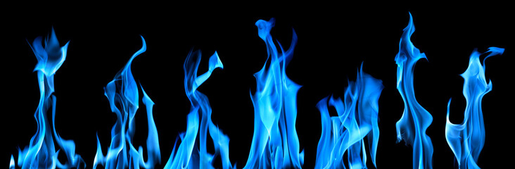 sparks of seven bright blue flames on black
