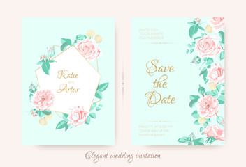 Fototapeta na wymiar Wedding Invite with Roses Composition and Border.