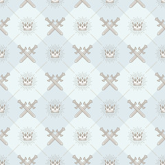 Seamless background with crossed swords and sunburst royal crown - pattern for wallpaper, wrapping paper, book flyleaf, envelope inside, etc. Vector illustration.