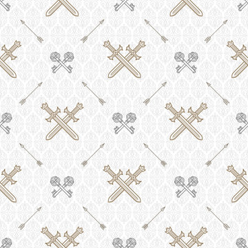 Seamless background with crossed old keys and swords - pattern for wallpaper, wrapping paper, book flyleaf, envelope inside, etc. Vector illustration.