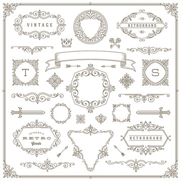 Vector set of vintage design elements - ornamental and flourishes frames, dividers, border, banners and other heraldic elements for logo, emblem, heraldry, greeting, invitation, page design, identity 