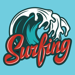 Vector color calligraphic inscription surfing with wave