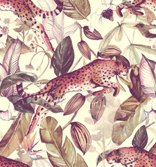 Seamless watercolor pattern with tropical flowers, magnolia, orange flower, vanilla orchid, tropical leaves, banana leaves, panther, animal.