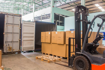 The forklift loading pallet with a forklift into a truck.