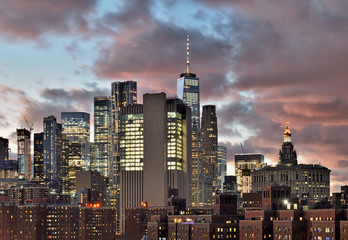 Buildings of Manhattan at night.