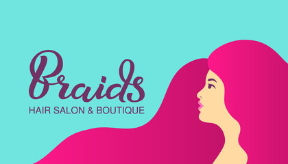 Illustration of woman with beautiful long hair style, icon, logo, badge. Woman silhouette on ight blue background, vector. Hand drawn lettering inscription - Braids. For hair salon logotype