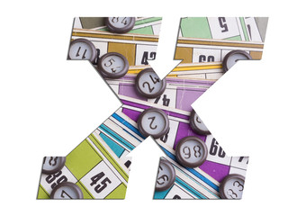 Letter X with Lotto cards and game chips on white background