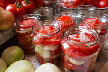 Fototapeta na wymiar Canning fresh tomatoes with onions in jelly marinade. Woman hands putting red ripe tomato slices and onion rings in jars. Basil, parsley leaves on top of onions. Vegetable salads for winter