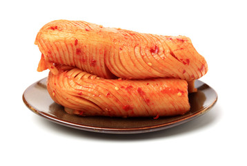 sliced radish kimchi  on white background