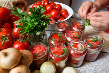 Canning fresh tomatoes with onions in jelly marinade. Woman hands putting red ripe tomato slices and onion rings in jars. Basil, parsley leaves on top of onions. Vegetable salads for winter