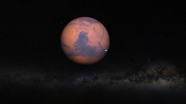 Planet Mars with moons Phobos and Deimos. Camera fly-by.