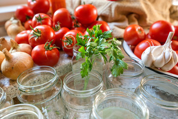 Canning fresh tomatoes with onions in jelly marinade. Woman hands putting red ripe tomato slices and onion rings in jars. Basil, parsley leaves on top of onions. Vegetable salads for winter