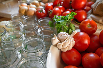 Canning fresh tomatoes with onions in jelly marinade. Woman hands putting red ripe tomato slices and onion rings in jars. Basil, parsley leaves on top of onions. Vegetable salads for winter