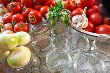Canning fresh tomatoes with onions in jelly marinade. Woman hands putting red ripe tomato slices and onion rings in jars. Basil, parsley leaves on top of onions. Vegetable salads for winter