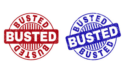 Grunge BUSTED round stamp seals isolated on a white background. Round seals with grunge texture in red and blue colors. Vector rubber watermark of BUSTED title inside circle form with stripes.