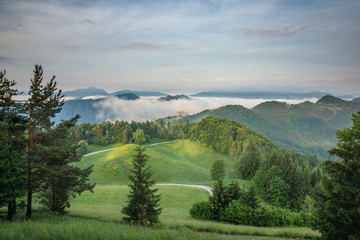 Fototapeta na wymiar View from Sveri Jost nad Kranjem at foggy morning, Kranj, Slovenia