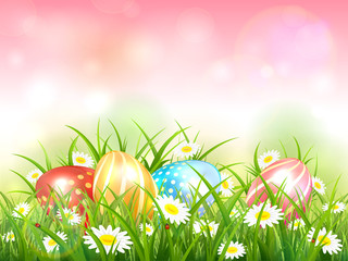 Pink Nature Background with Easter Eggs in Grass