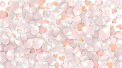 Vector Realistic Petals and Hearts Confetti. Flying Sakura and Hearts on Transparent Background. Wedding Invitation Background. Spring Romance Poster. Vector Illustration for Anniversary Design.