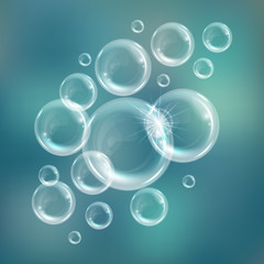 Realistic transparent floating soap bubbles. Design element for advertising booklet, flyer or poster