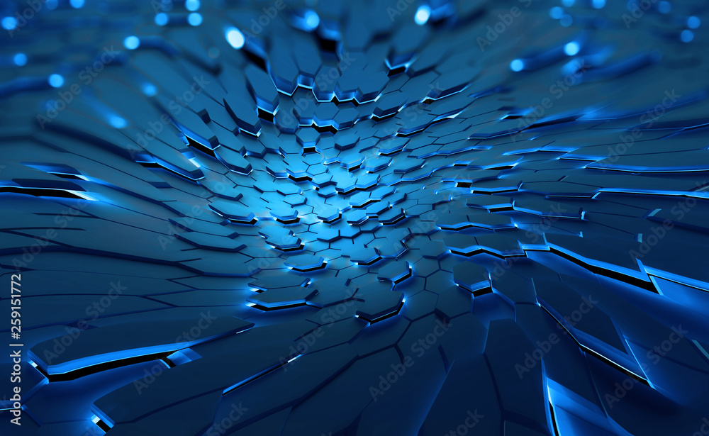 Poster abstract cyberspace. information cells. burning hexagons with flaming edges. 3d illustration of futu