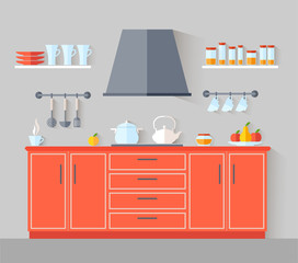 Compact small kitchen in red. Vector banner with kitchen interior.