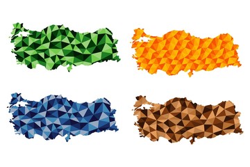 Turkey polygonal maps set background low poly style green, blue, brown, yellow colors vector illustration eps