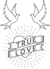 Black and white illustration of pigeons heart banner with text and rays