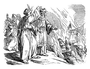Vintage Drawing of Biblical Story of Israelites and Rebellion Against Moses and Aaron