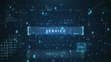 The animated inscription "SERVICE” typing writing on digital background. Futuristic information technology concept. Digitalization of Information Flow Moving Through IT digital background.