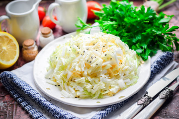  Cheese salad with lettuce and flax seeds.