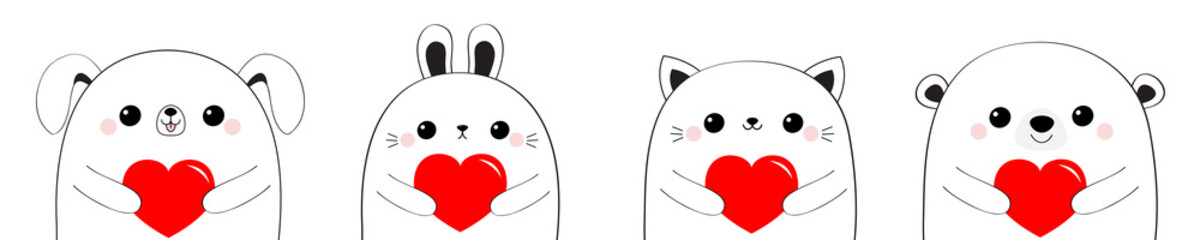 Happy Valentines Day. Cat kitten bear dog puppy rabbit hare face set holding red heart. Line contour silhouette Cute cartoon kawaii funny baby animal Flat design Love card White background