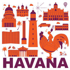 Havana culture travel set, famous architectures and specialties in flat design. Business travel and tourism concept clipart. Image for presentation, banner, website, advert, flyer, roadmap, icons