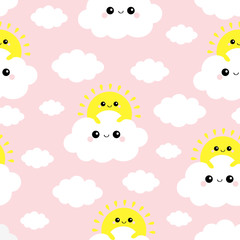 Seamless Pattern. Sun holding cloud in the sky. Cute cartoon kawaii funny smiling baby character set. Wrapping paper, textile print template. Nursery decoration. Pink background. Flat design.