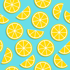 Lemon seamless pattern with flat slices in bright colors. Summer repeating texture with lemon slices in top view.