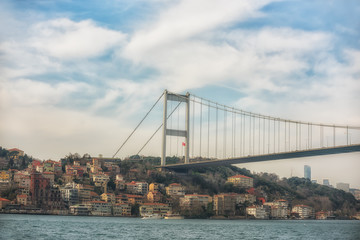 View of the bridge over the Bosphorus close-up and the shore of the strait .  Istanbul. Turkey. 