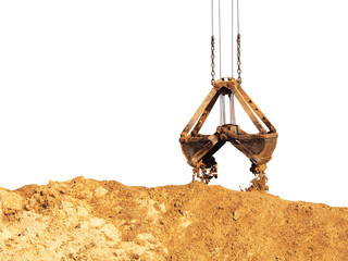 Grapple isolated on white background. Unloading sand, pile of sand. Grapple lifting device for port cranes for bulk materials, iron scoop