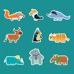 Collection of Cute Cartoon Animal Stickers, Fox, Toucan, Wolf, Cow, Penguin, Tiger, Rhino, Hippopotamus, Aardvark Vector Illustration