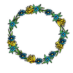 A wreath of flowers. Flowers drawn with markers.Place for text.