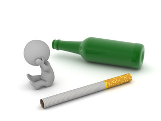 Stressed 3D Character with Cigarette and Beer Bottle