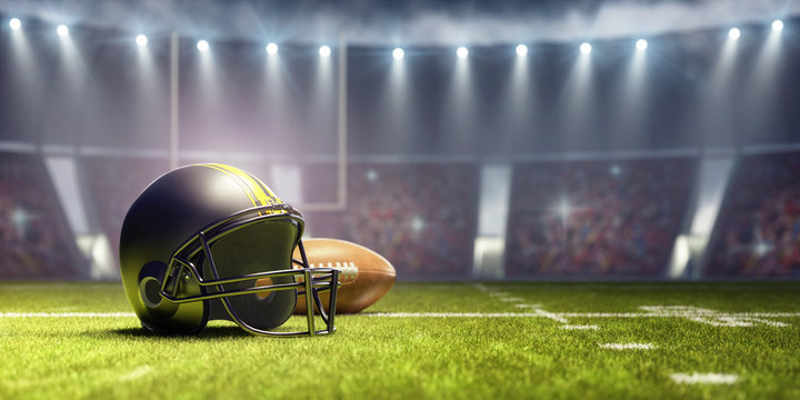 American football background with ball and black helmet 3D Rendering