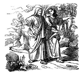 Vintage Drawing of Biblical Story of Ruth and Boaz. Man and Woman Are Walking Together