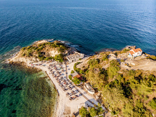 Aerial view of one of Thasos Island most popular beaches Karnagio Beach near Limenas Town