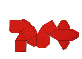 Geometric shape cut out of red paper and photographed from above on white background. Geometry net of Cuboctahedron.