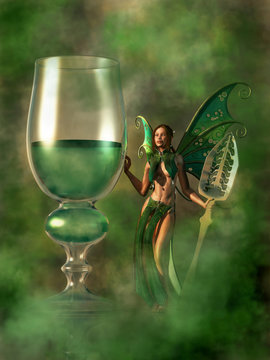The green fairy is a nickname for the alcoholic beverage absinthe. Such a fairy stands next to a glass of green drink. In her hand is an absinthe spoon. 3D Rendering