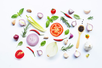 Various fresh vegetables and herbs on white background. Healthy eating concept